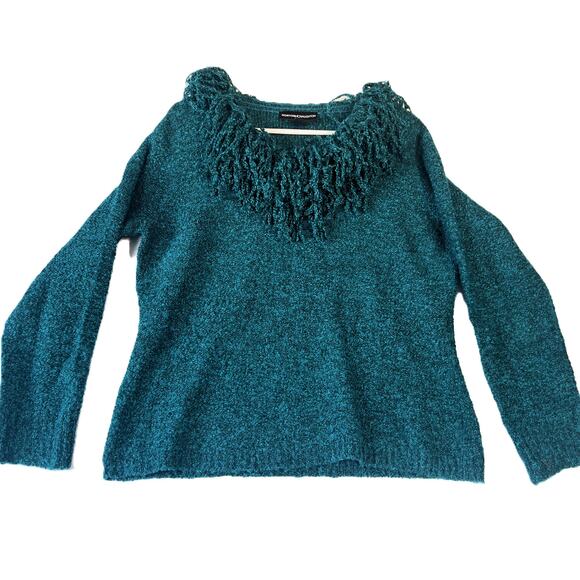 Norton McNaughton Sweater Woman's Large Green Fluffly Fringe Collar Long Sleeve - Picture 1 of 11